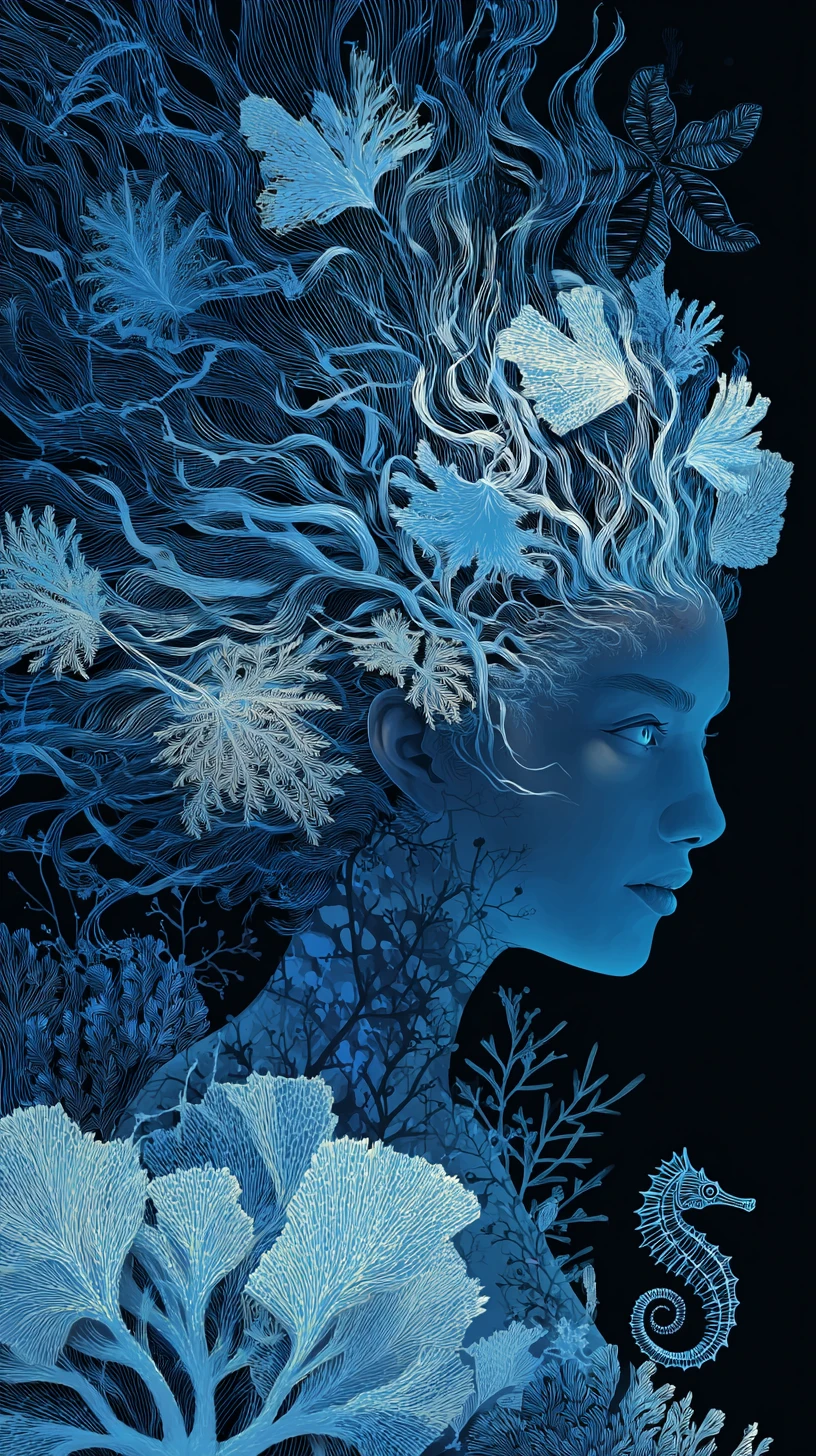 Surreal woman merging with glowing underwater flora