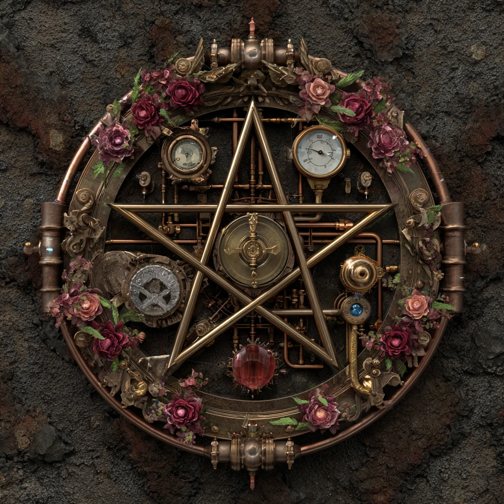 Pentagrama steampunk com tubos, cristais e flores em estilo grunge