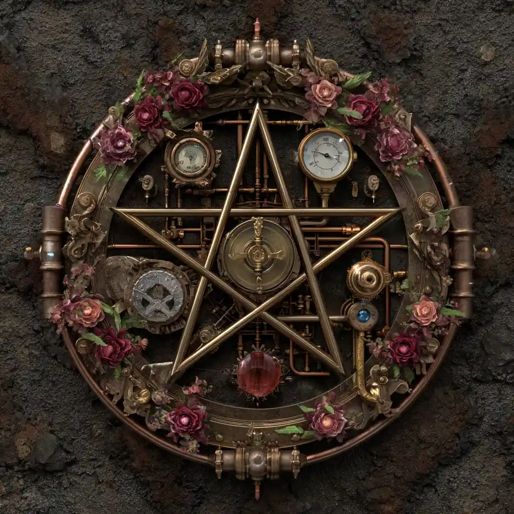 Pentacolo steampunk con tubi, cristalli e fiori in stile grunge
