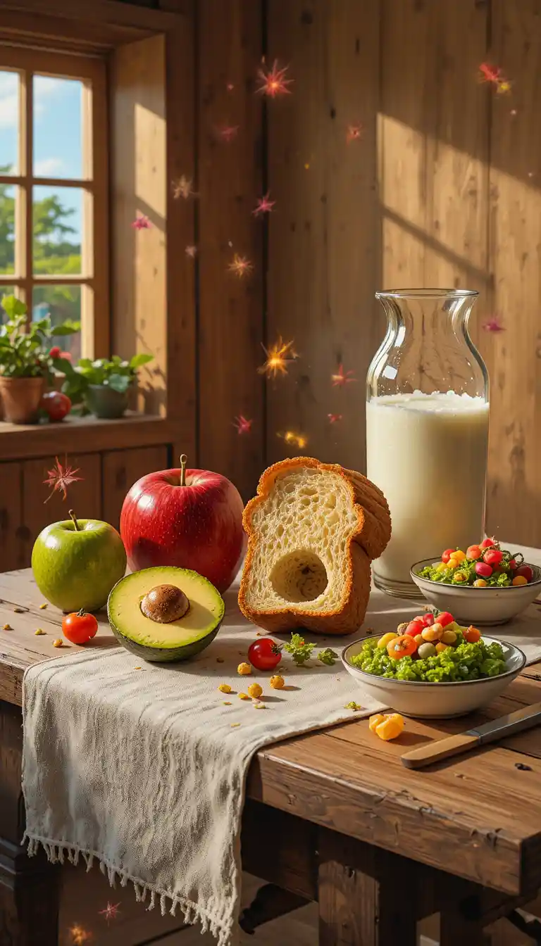Natura morta rustica in cucina con pane alle mele e insalata