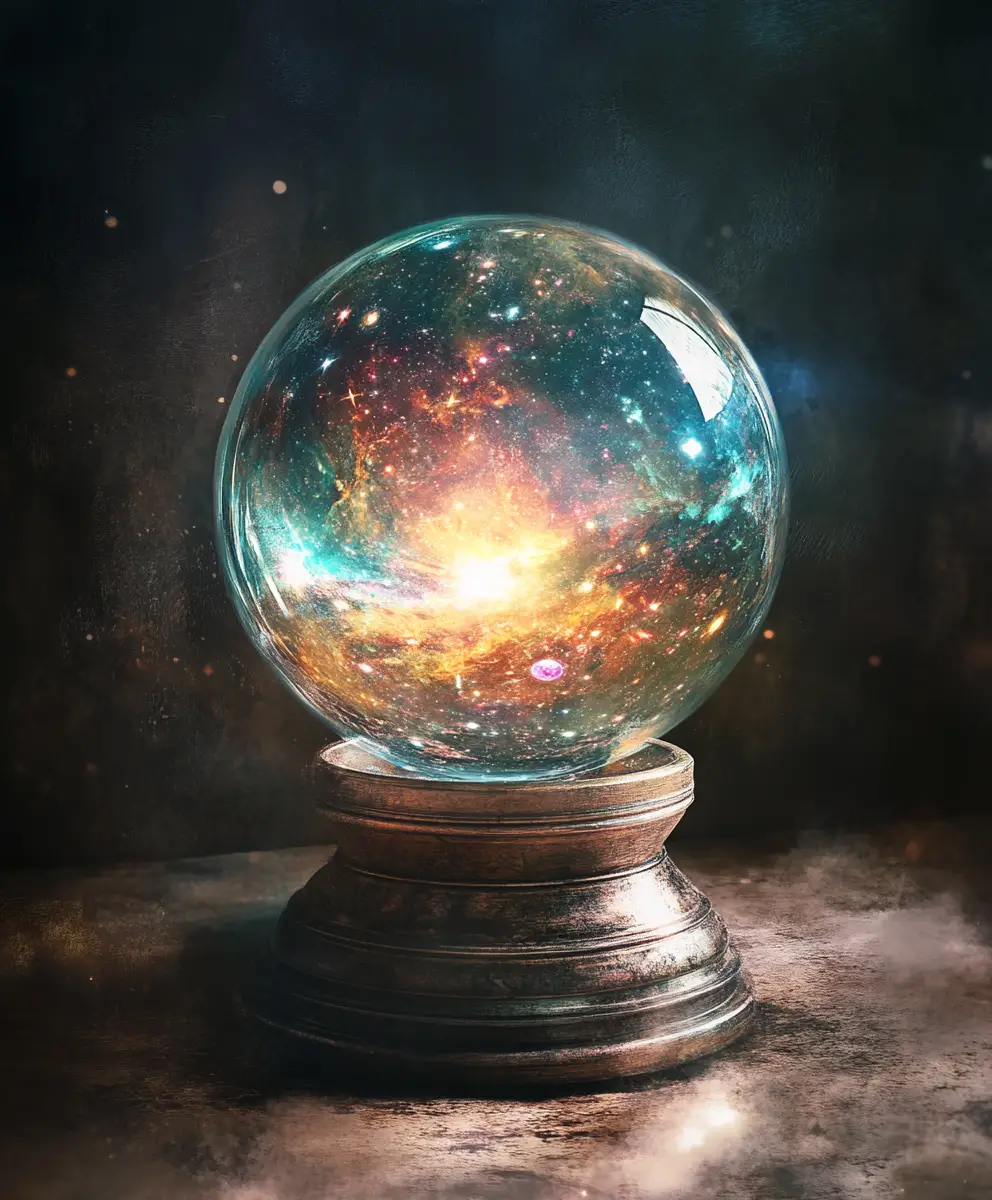 Sfera di cristallo magica con galassia su sfondo astratto grunge