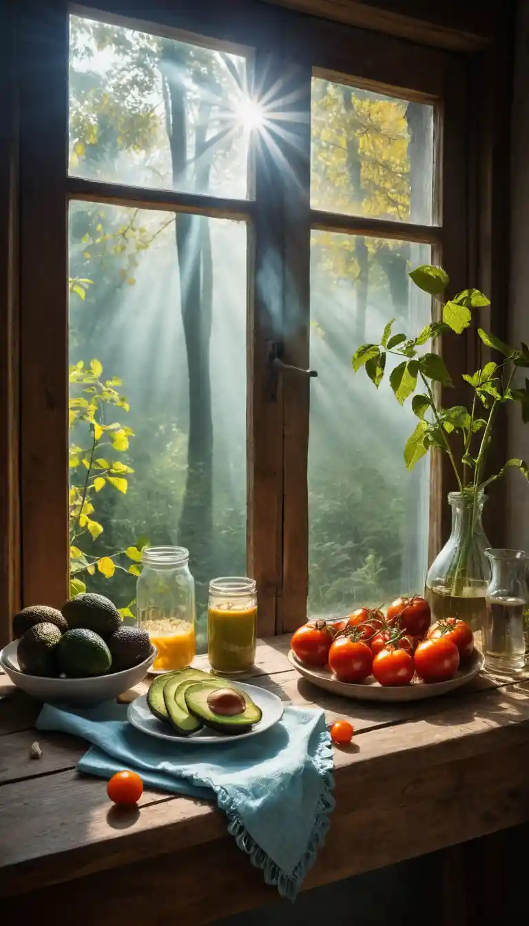 Colorful rustic still life with fruit bread salad and milk