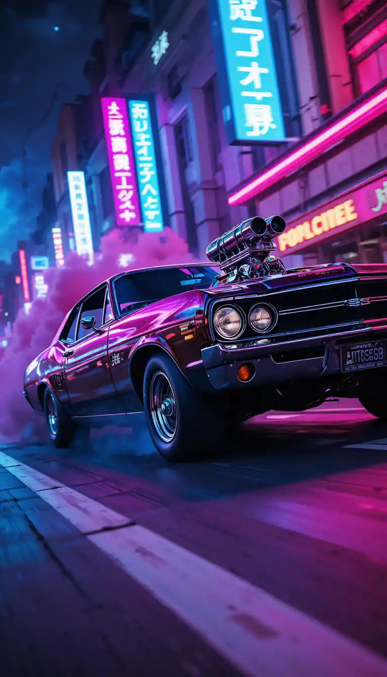 Muscle car illuminata al neon che sfreccia in una città futuristica di notte
