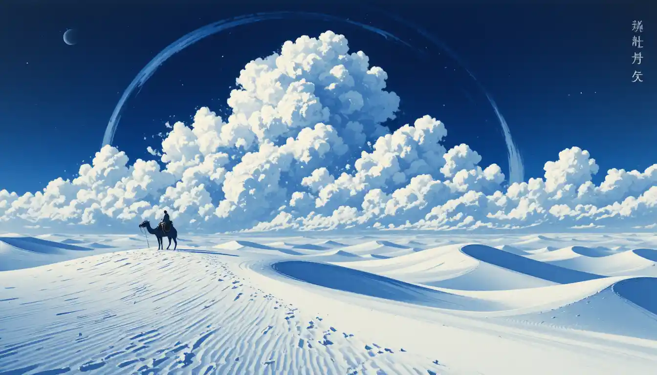 Cammello e cavaliere che attraversano dune gelide sotto un cielo turbinante