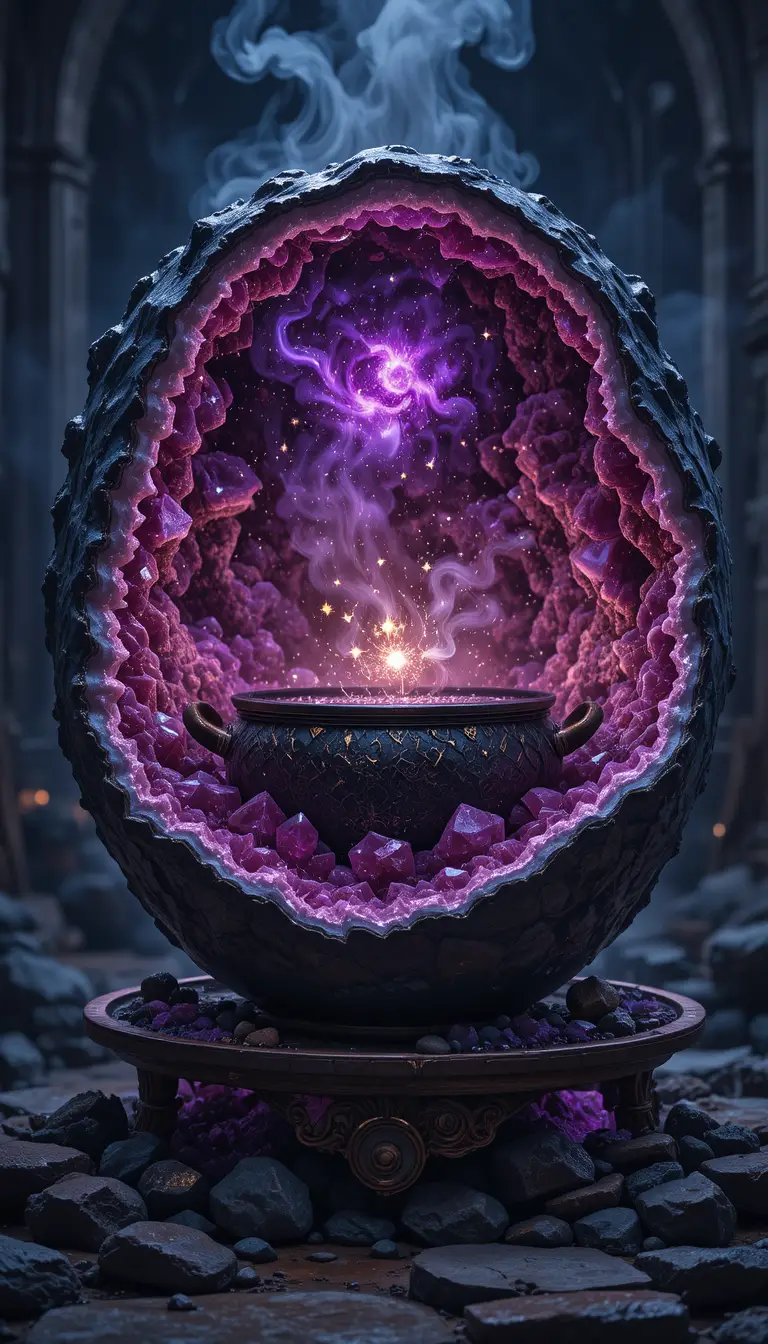 Magischer Ramenwagen mit leuchtendem Amethyst-Geodenkessel