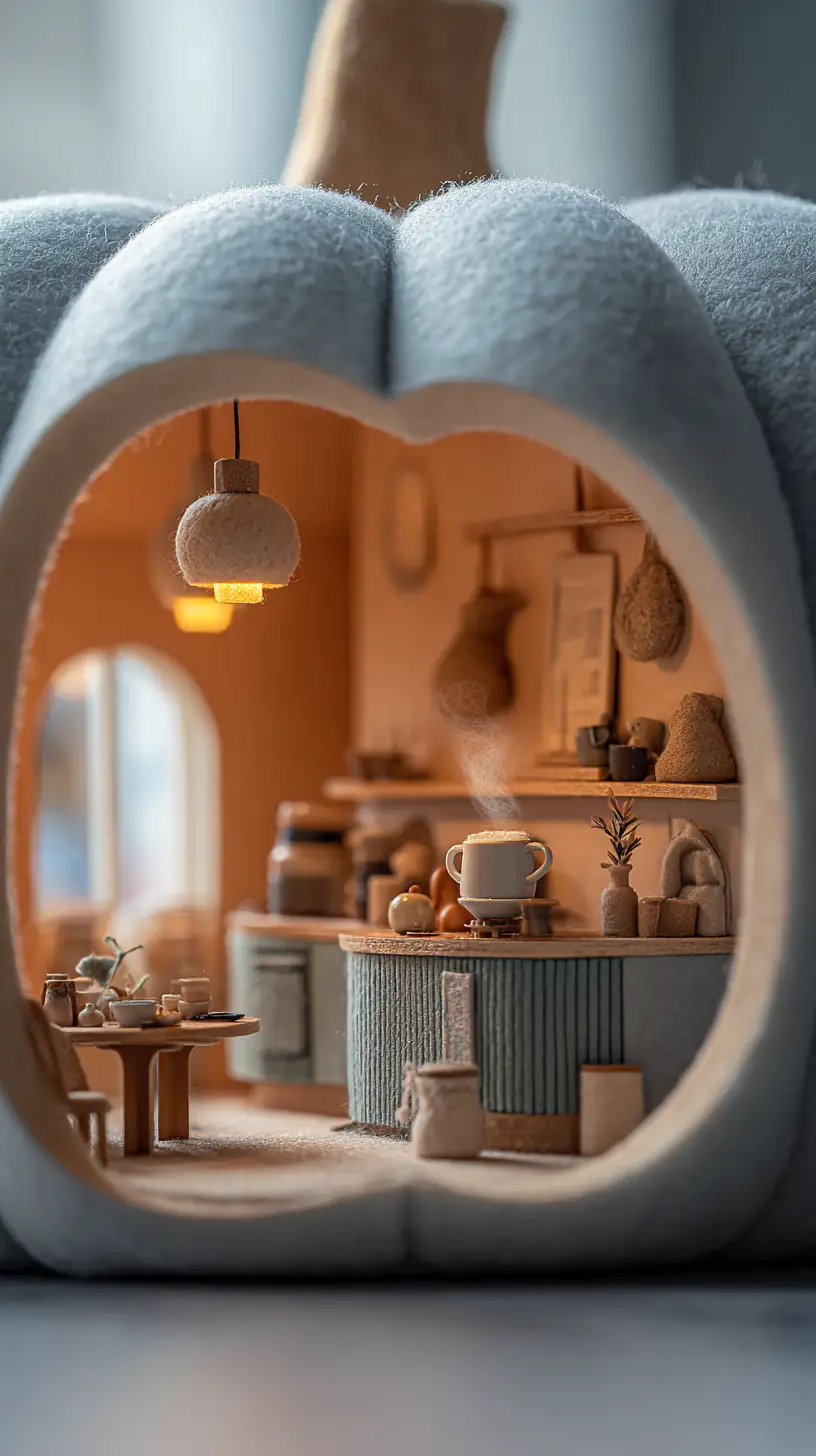 Caffetteria in miniatura dentro di una zucca pallida con luce calda e accogliente