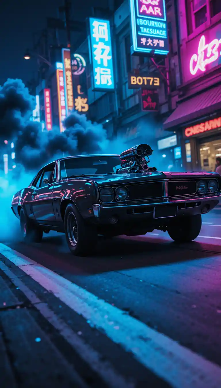 Neonbeleuchteter Muscle-Car der 1960er rast durch die nächtliche Stadt