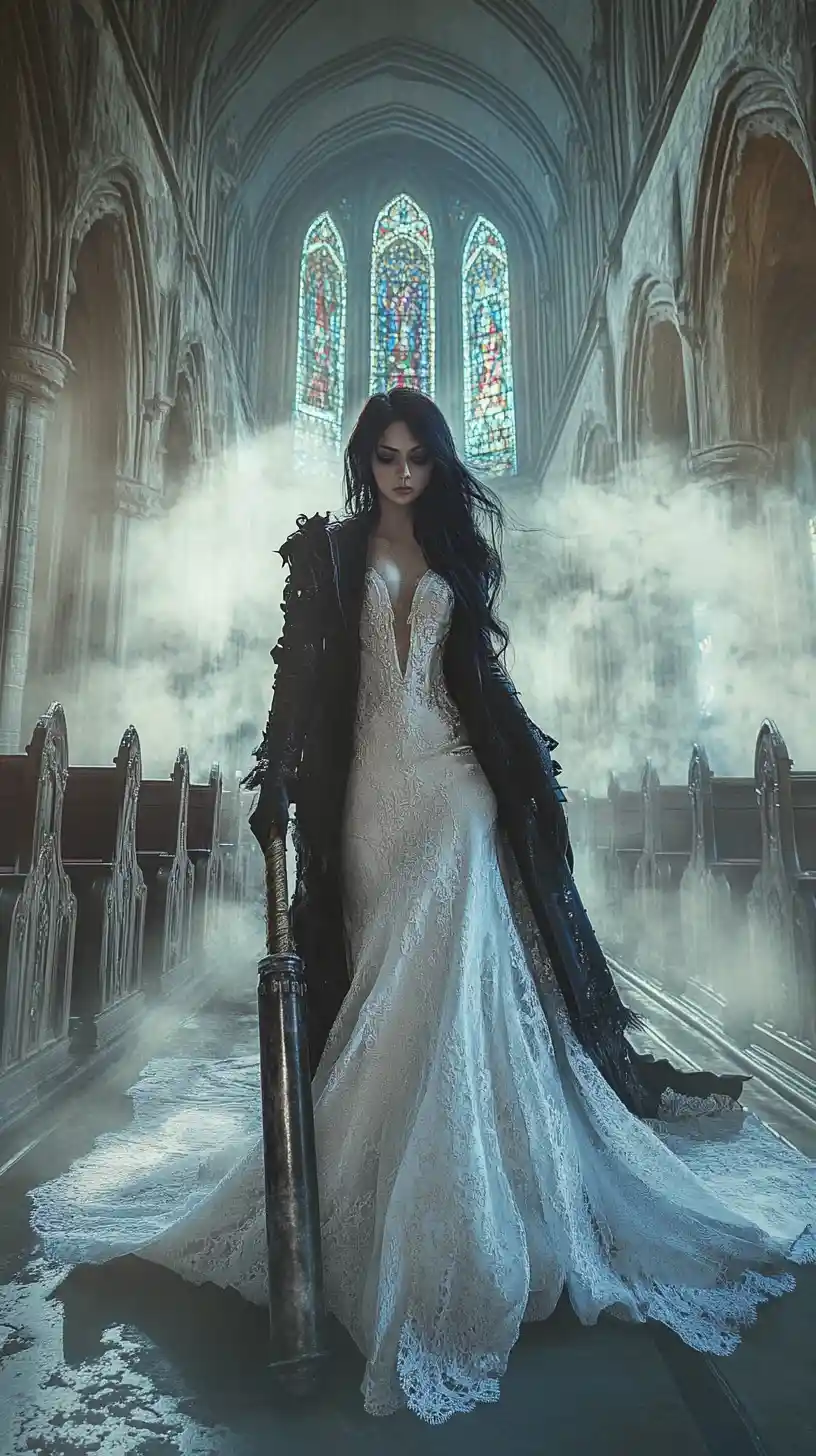 Bride with baseball bat in a fog filled gothic church