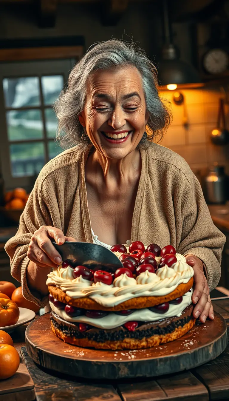 Laughing senior woman cutting cake in warm country kitchen