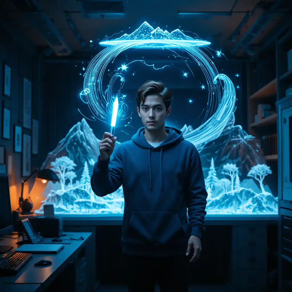 Jeune homme dessinant un paysage lumineux dans un laboratoire