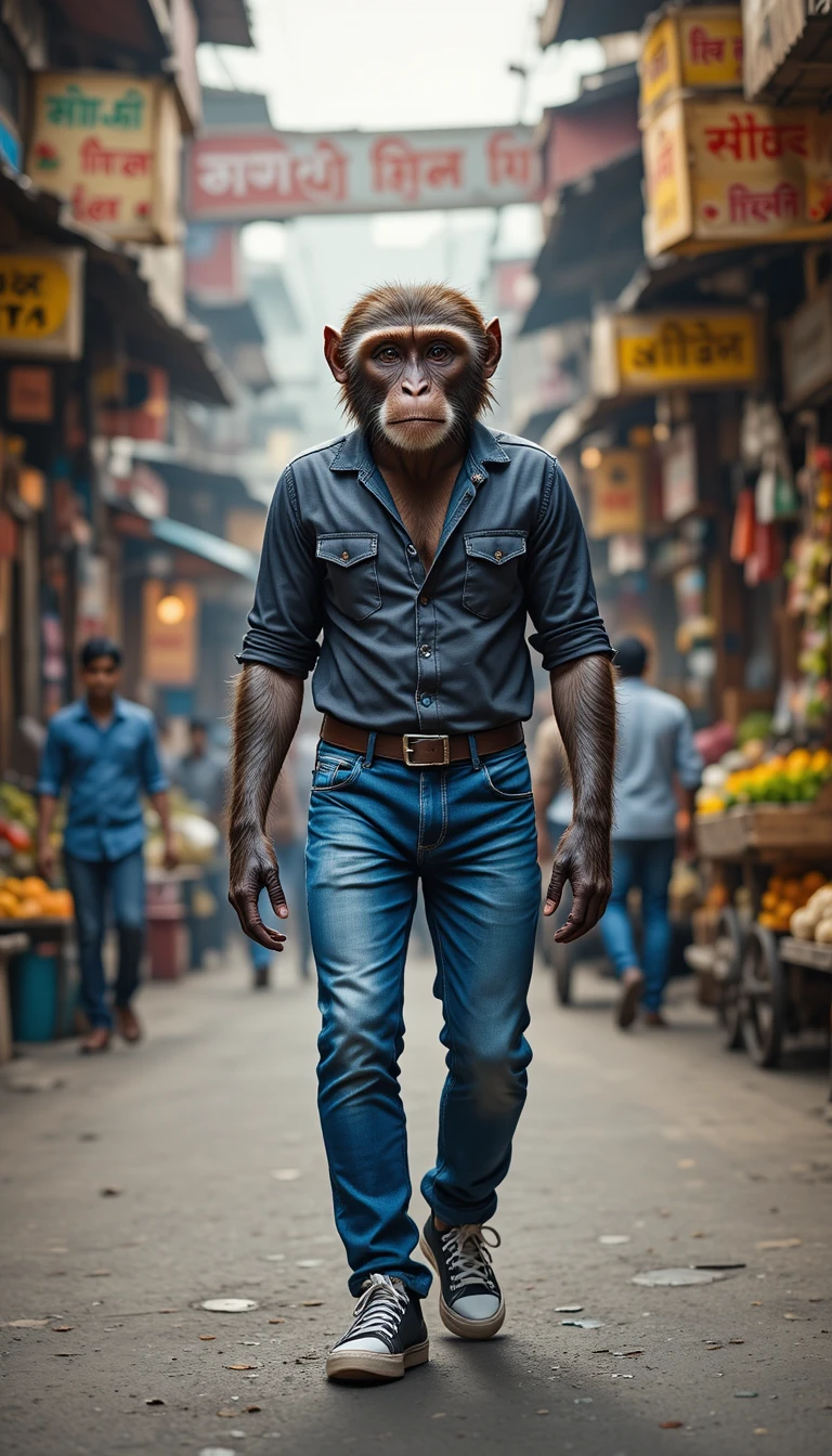 Macaco de jeans caminhando ereto por mercado de rua na Índia