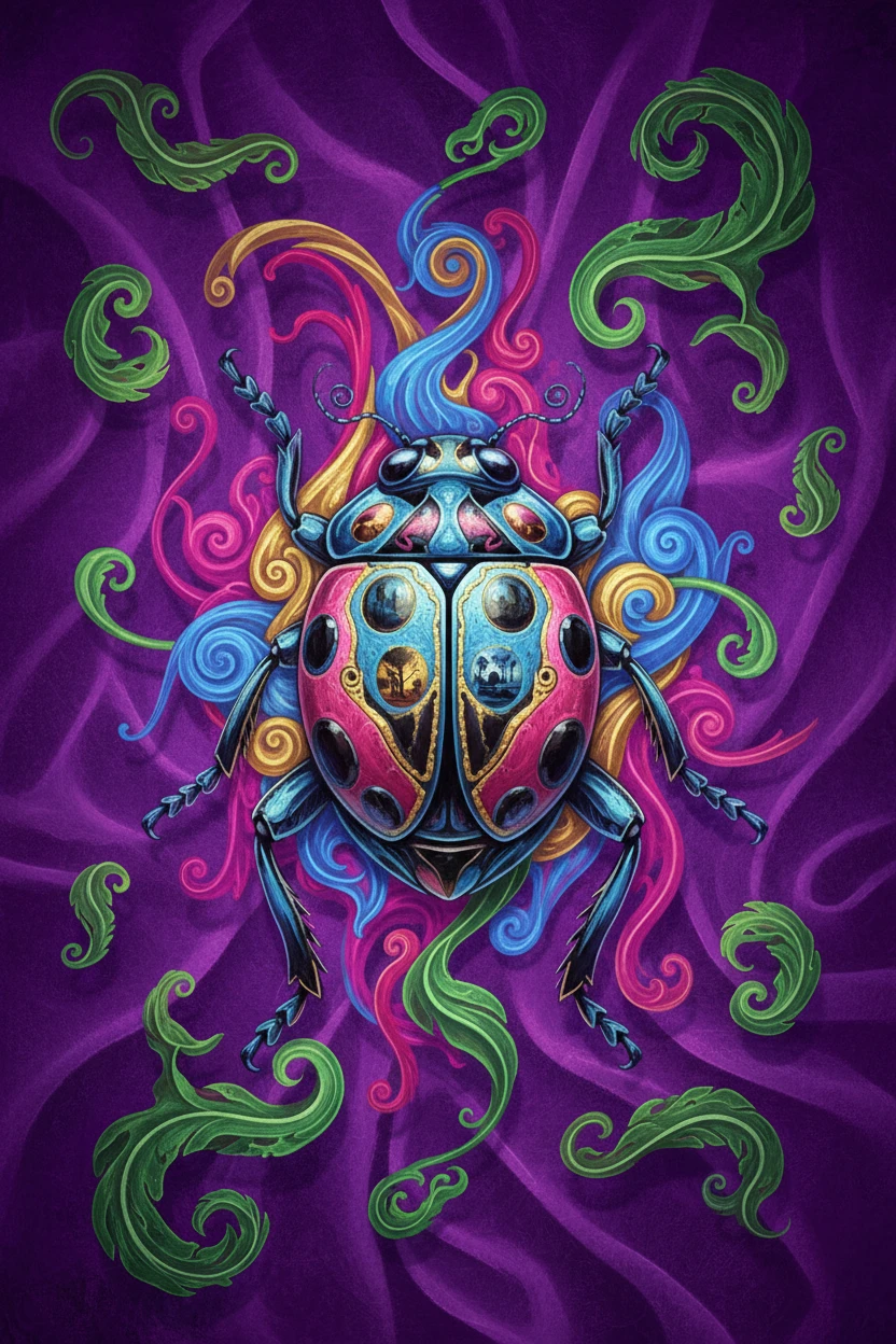 Coccinella colorata su sfondo astratto viola brillante e testurizzato