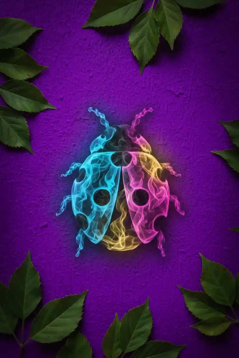 Bunte Rauch-Marienkäfer auf leuchtend violettem Texturhintergrund