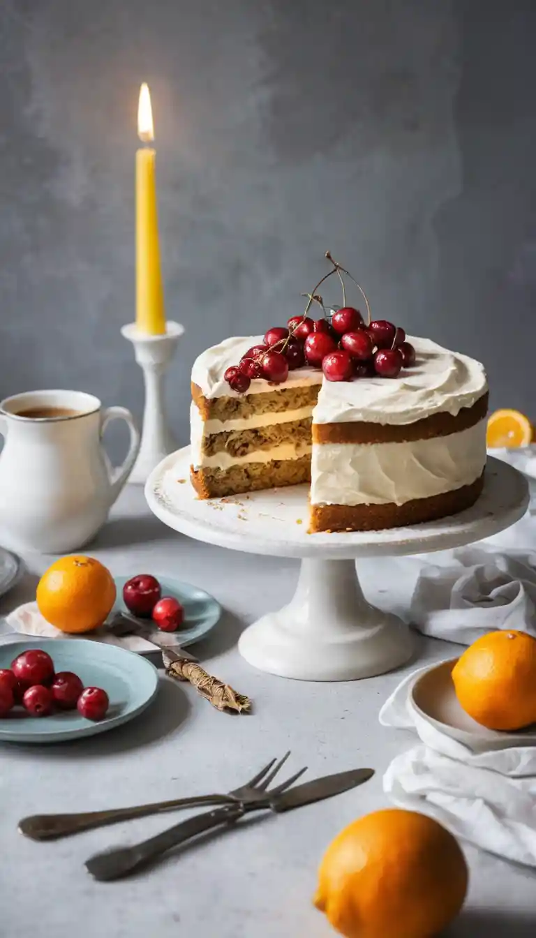 Laughing elderly woman cutting cake in cozy kitchen