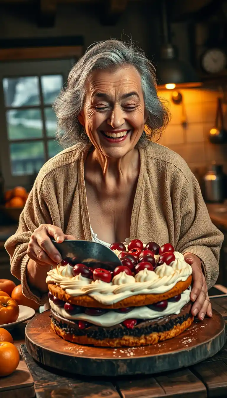 Laughing senior woman cutting cake in warm country kitchen