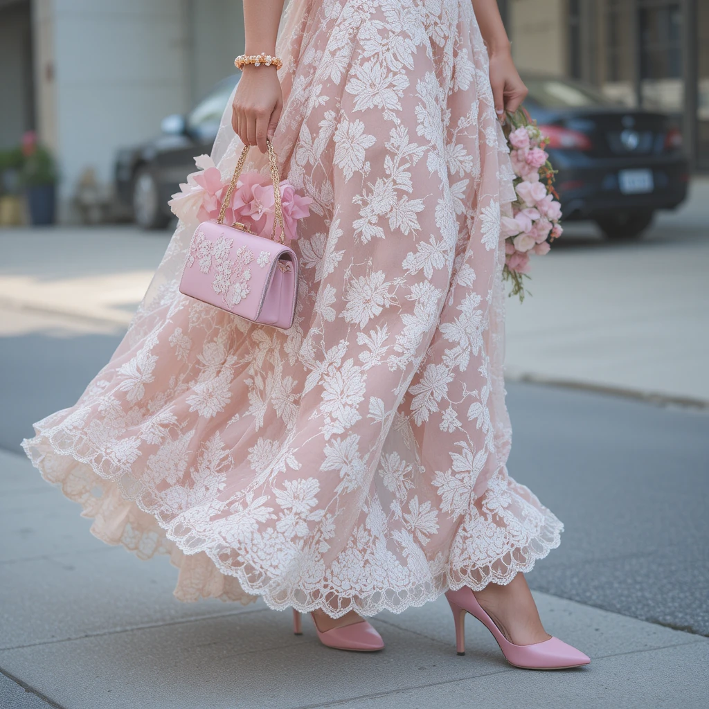 Elegant pink floral lace dress with matching accessories