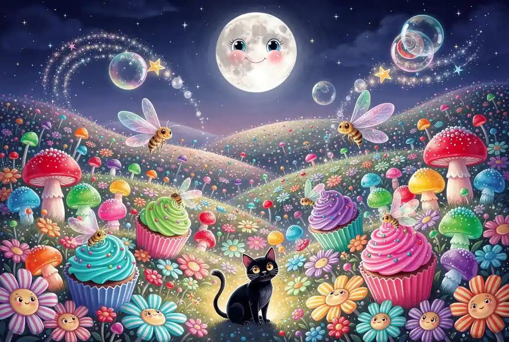 미소 짓는 달빛 하늘 아래의 환 whimsical 한 캔디 정원