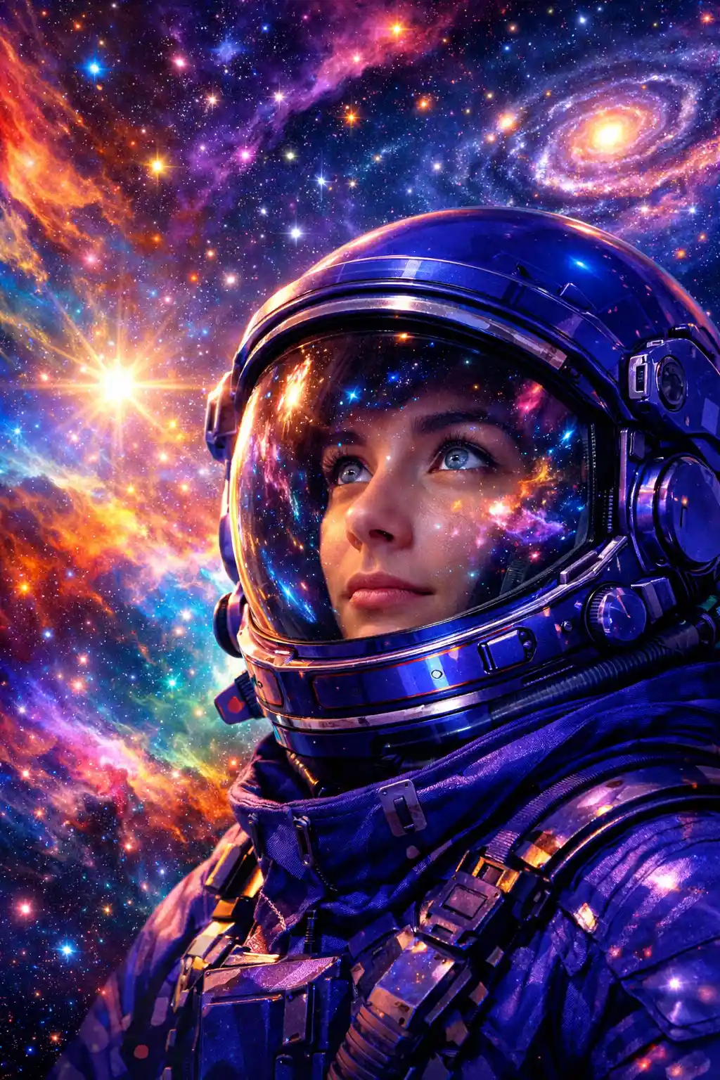 Close up astronaut portrait in swirling colorful cosmic space