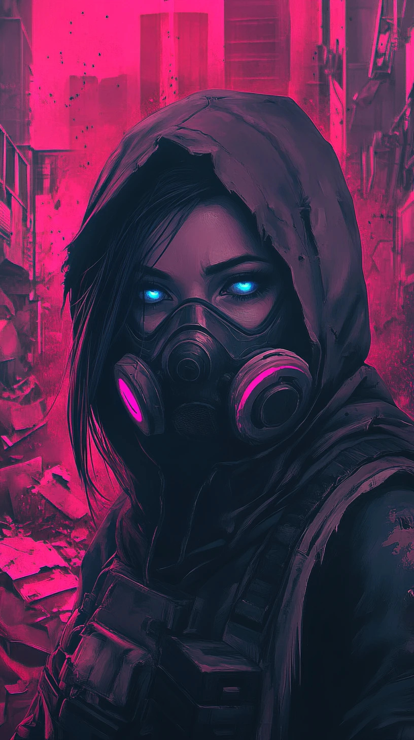 Donna con maschera antigas che osserva una città cyberpunk in rovina