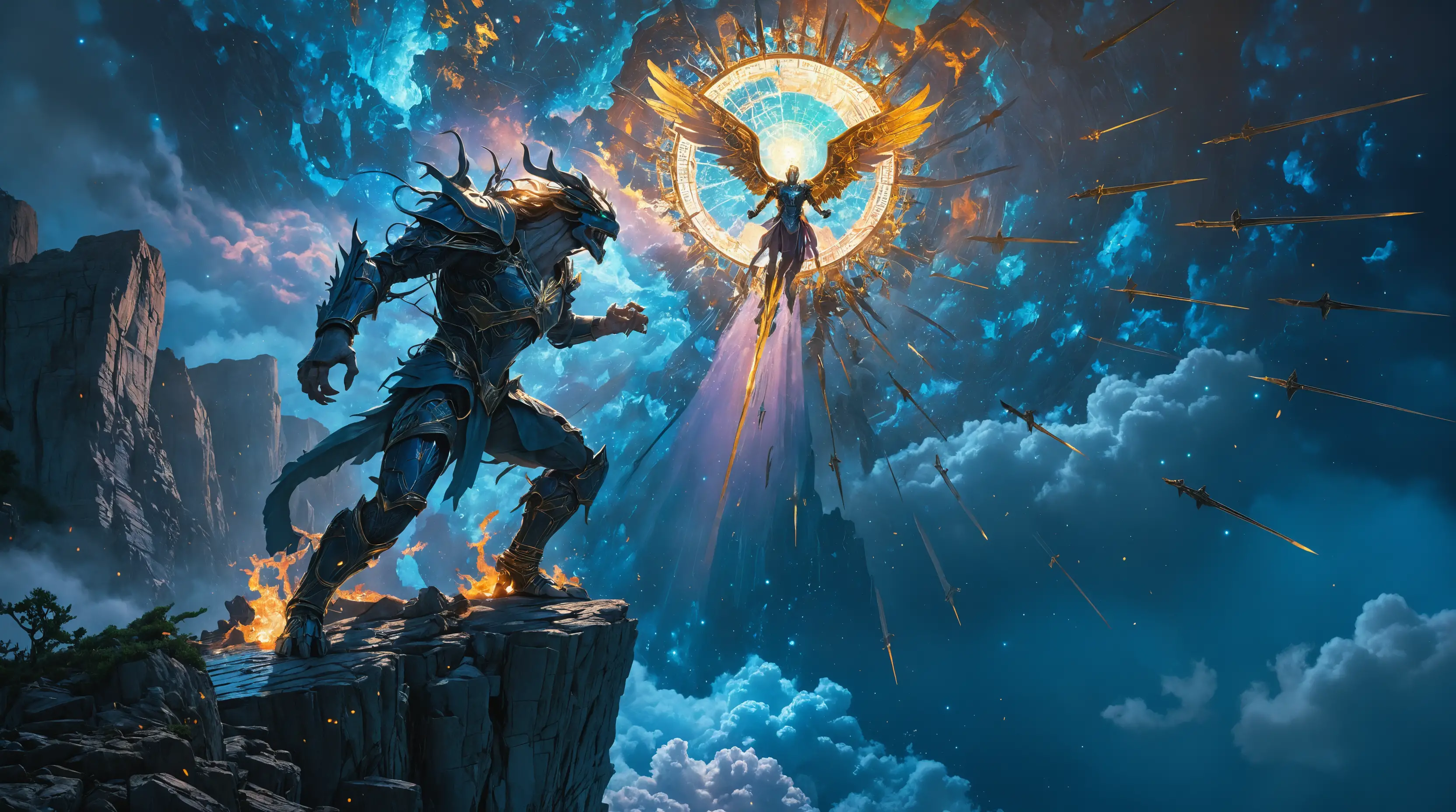 Demônio acorrentado em fúria num penhasco sob ataque celestial