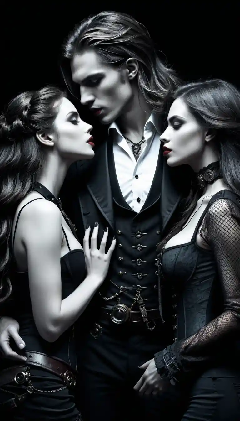 Amantes vampiros steampunk em um abraço sombrio em close