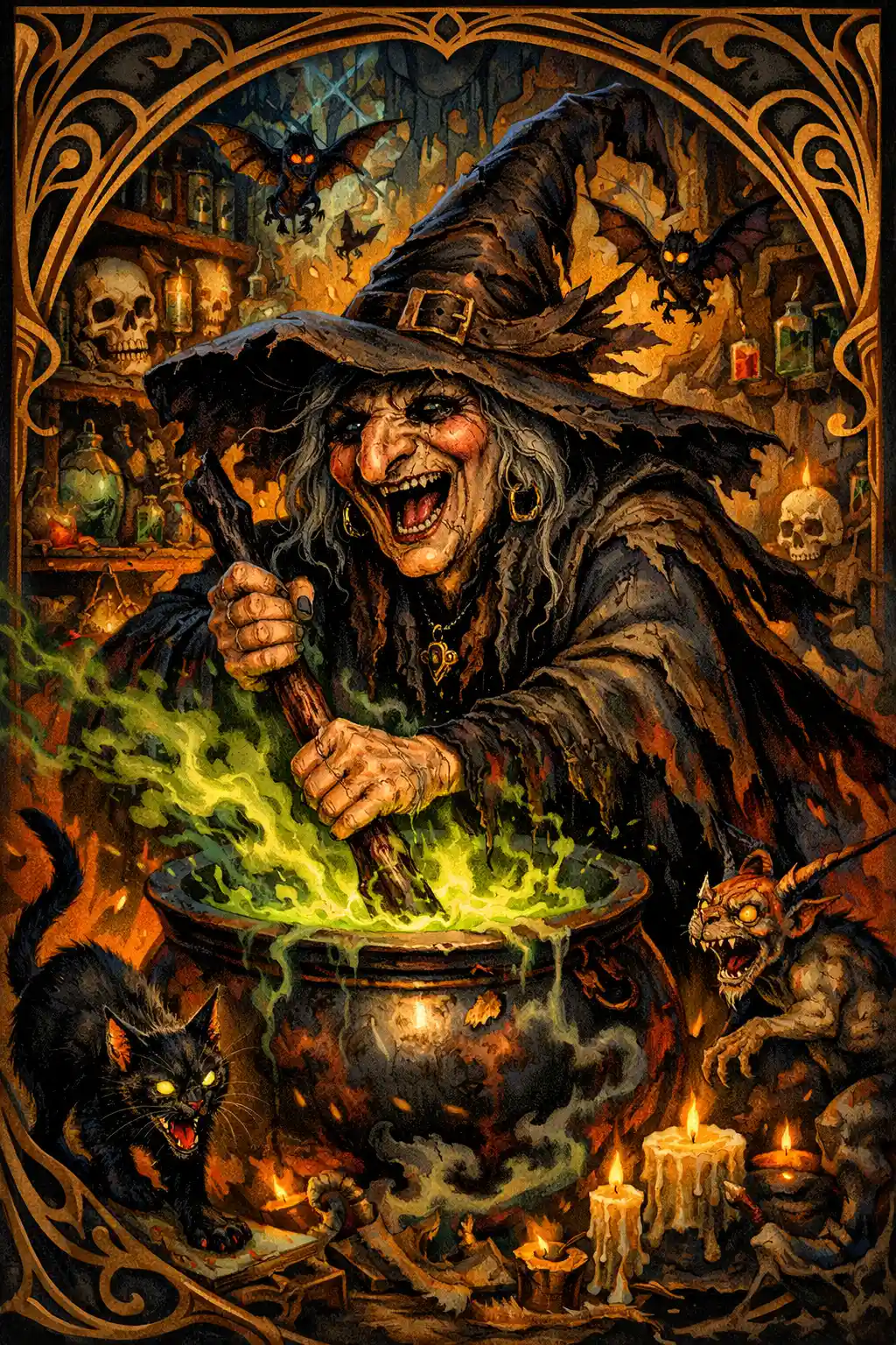 Cackling witch stirring a cauldron in a magic room