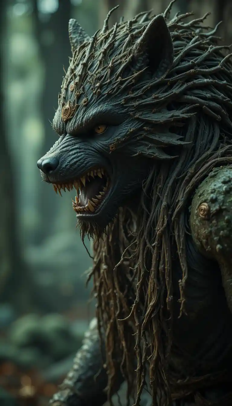 Towering druid fused with wolf and thorny vine form