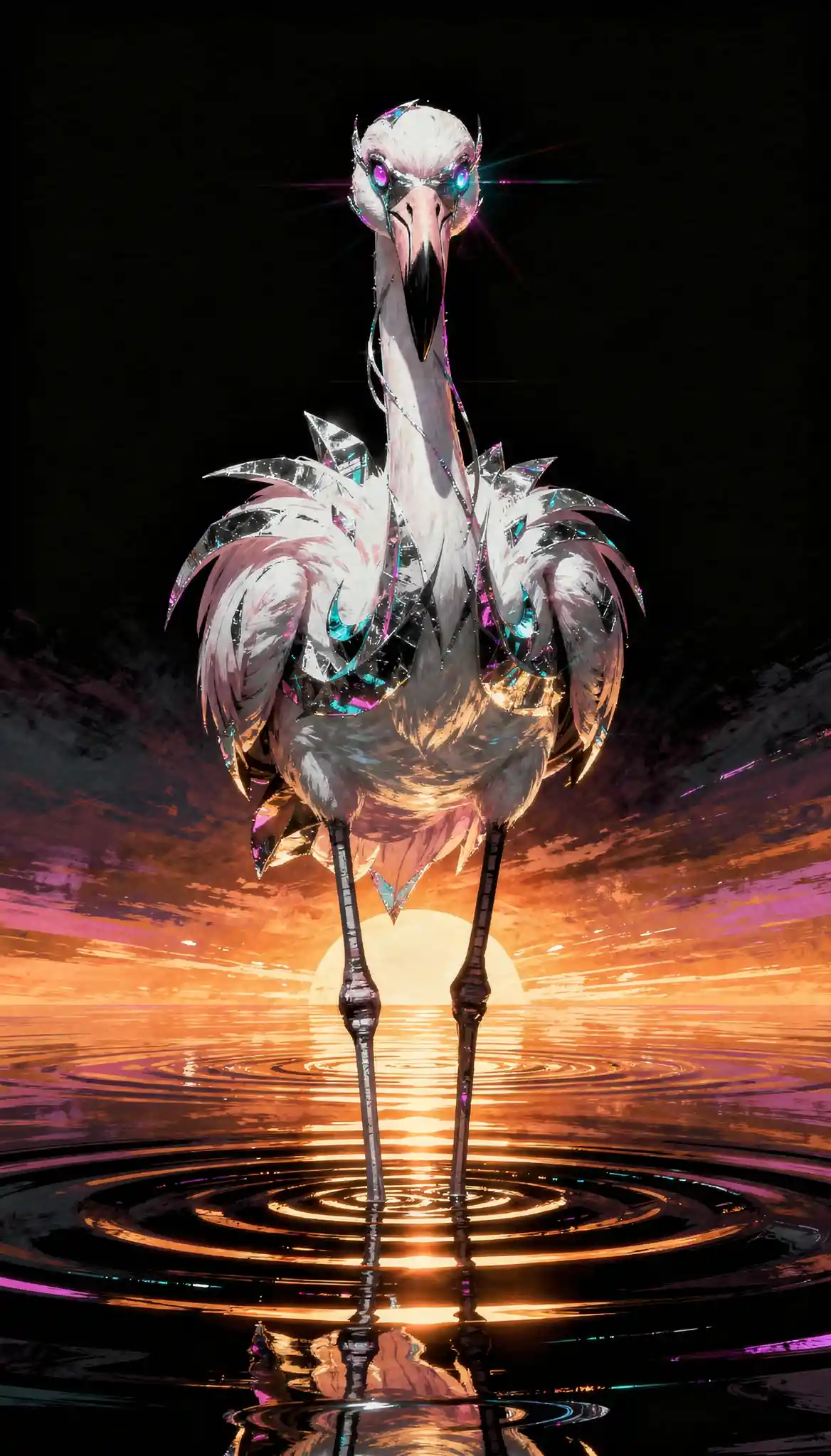 Flamingo abstrato com olhos prismáticos sobre água espelhada ao pôr do sol