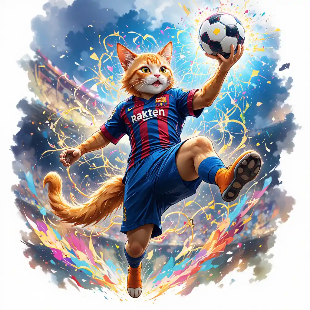 Goleiro gato em estilo anime saltando para agarrar a bola de futebol
