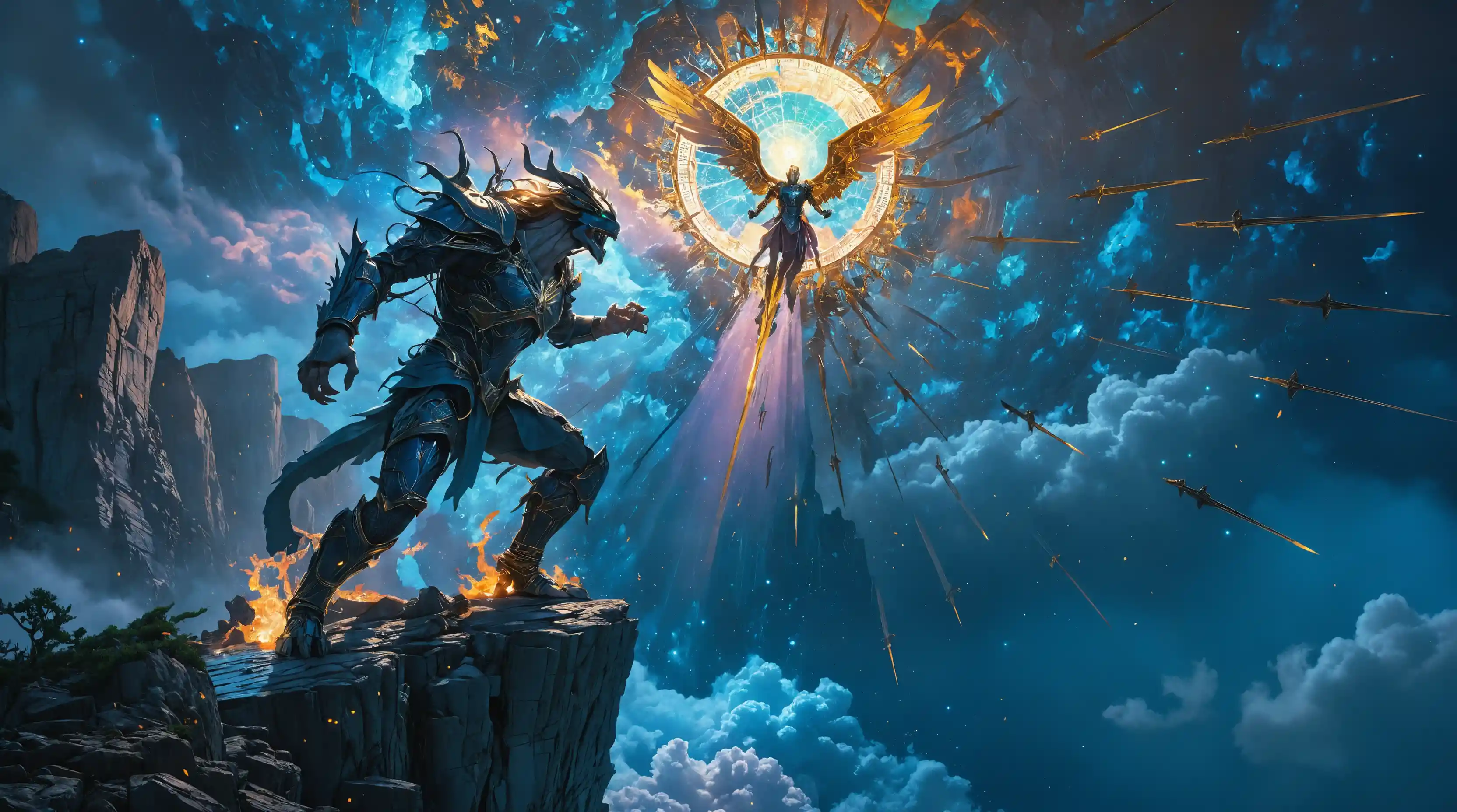 Demônio acorrentado em fúria num penhasco sob ataque celestial