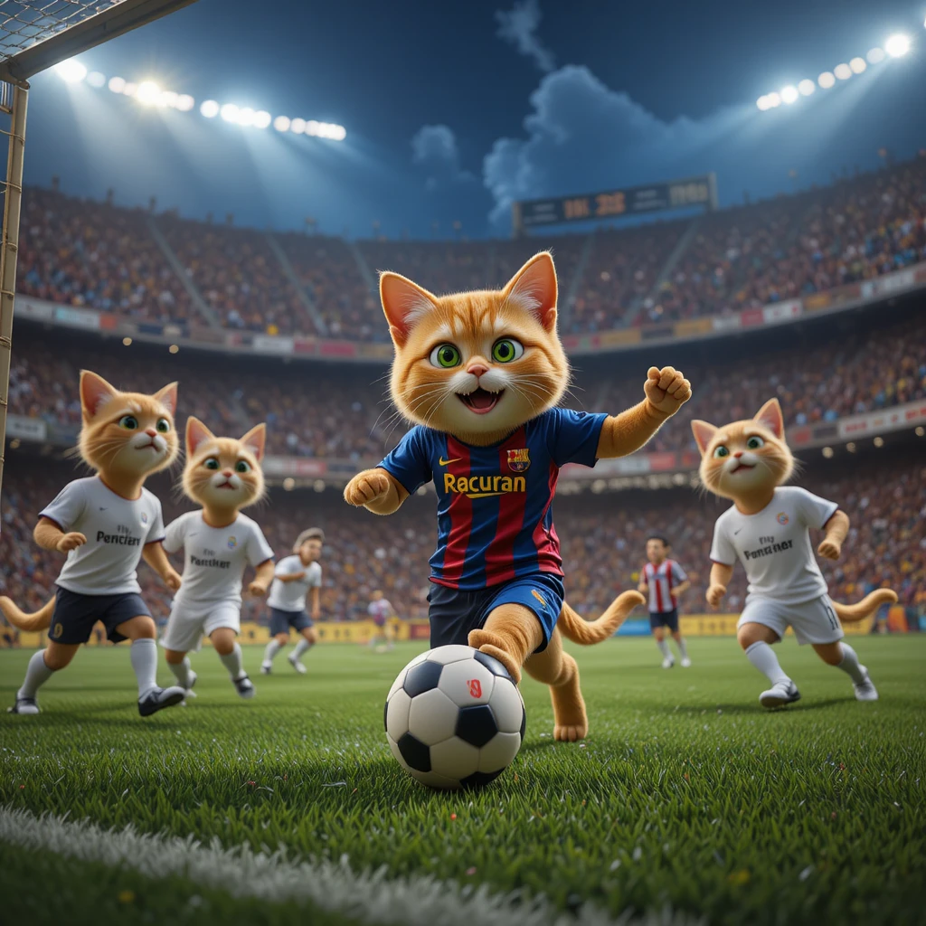 Gato jogador de futebol atlético chutando ao gol em estádio lotado