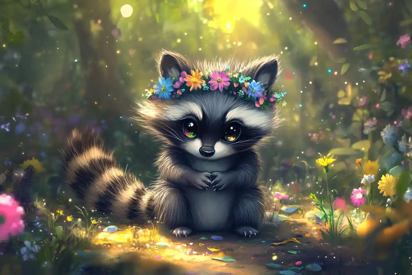 Adorable chibi raccoon with flower crown in magic forest