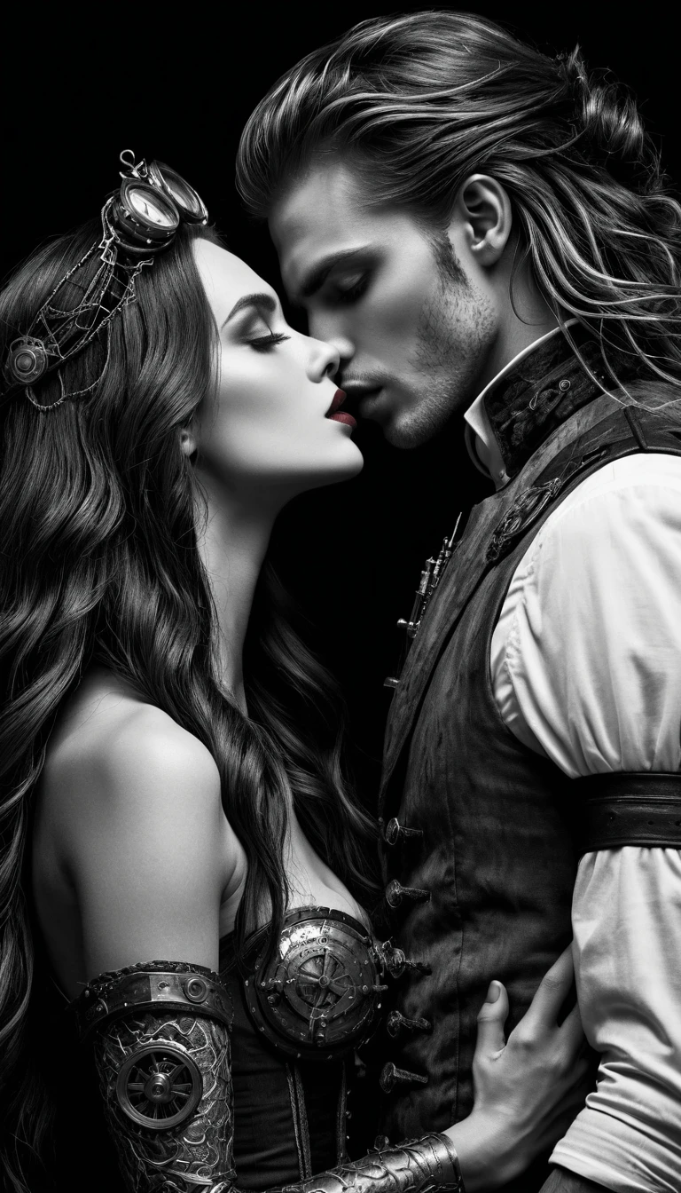 Homem vampírico beijando sereia em abraço steampunk sombrio