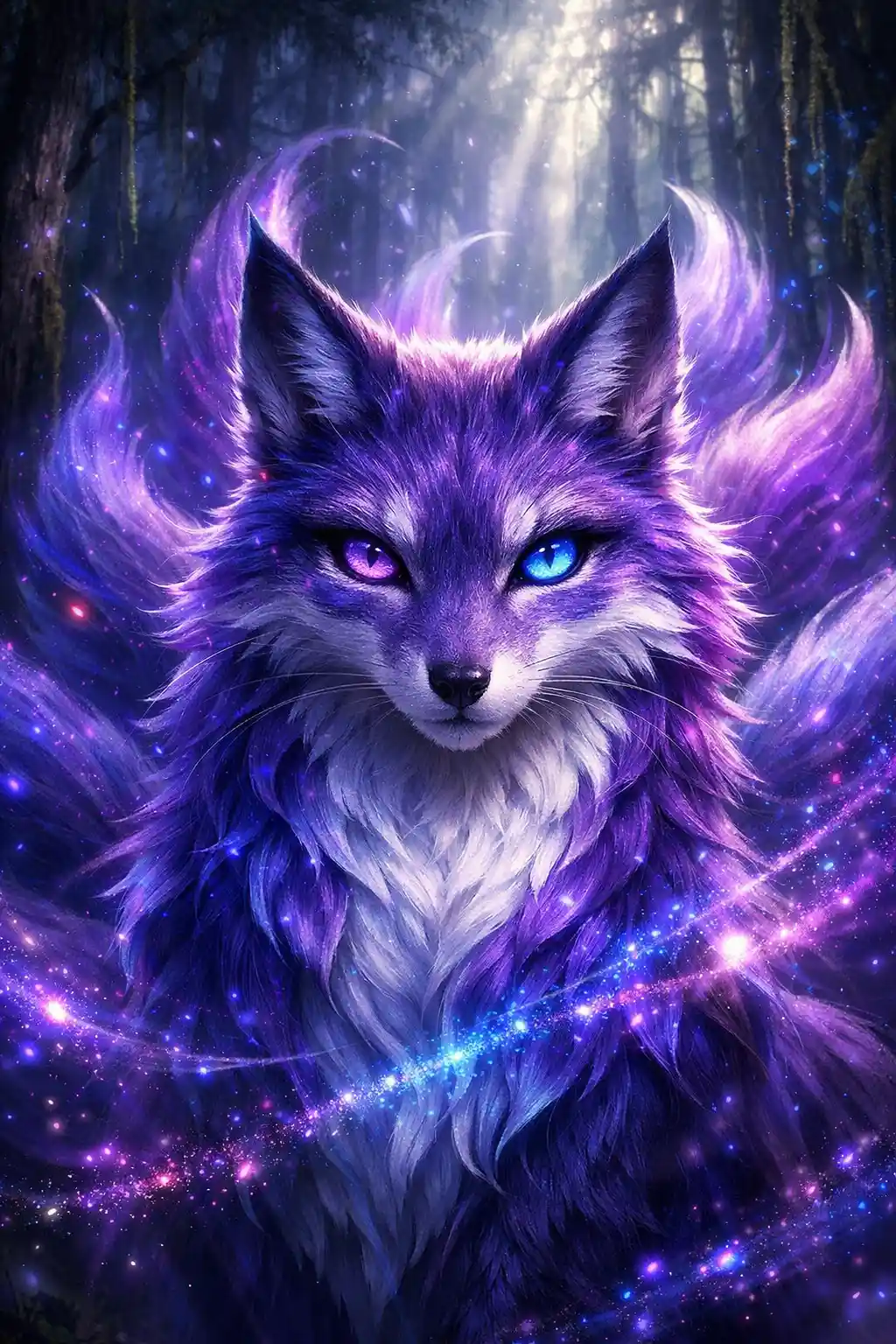 Nine tailed fox spirit in a mystical twilight forest