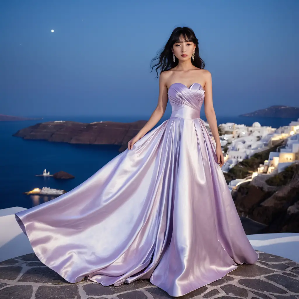Elegant Japanese girl in purple satin gown at night