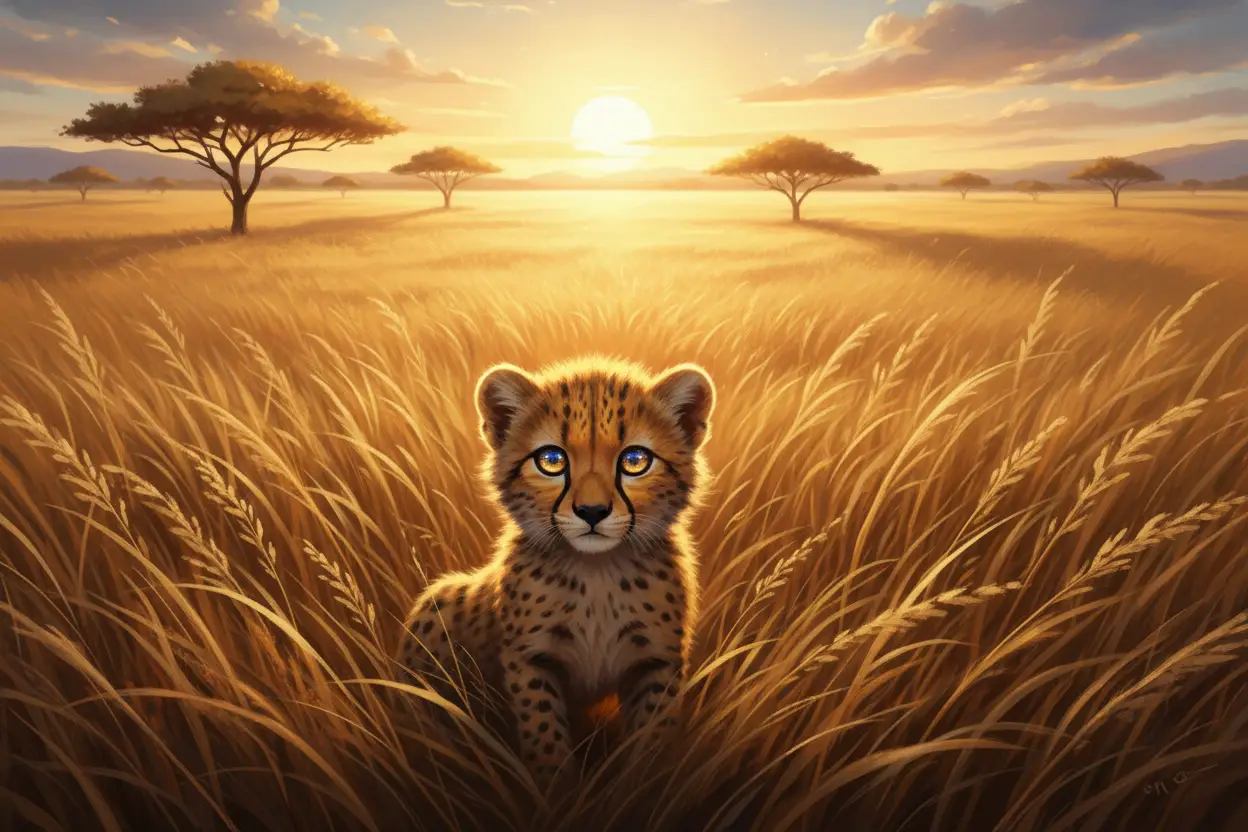 Bébé guépard dans l’herbe dorée de la savane au coucher du soleil