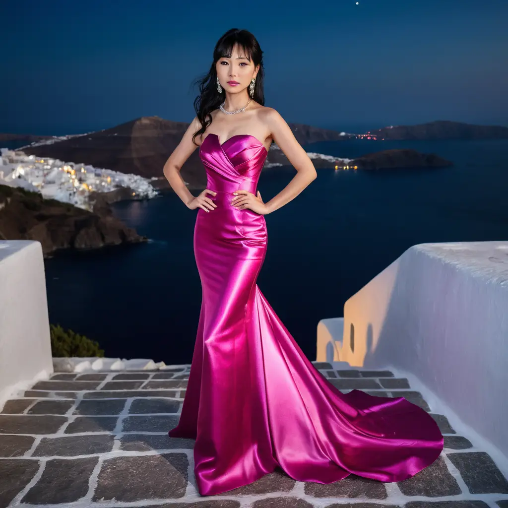 Garota elegante com vestido de cetim fúcsia à noite em Santorini