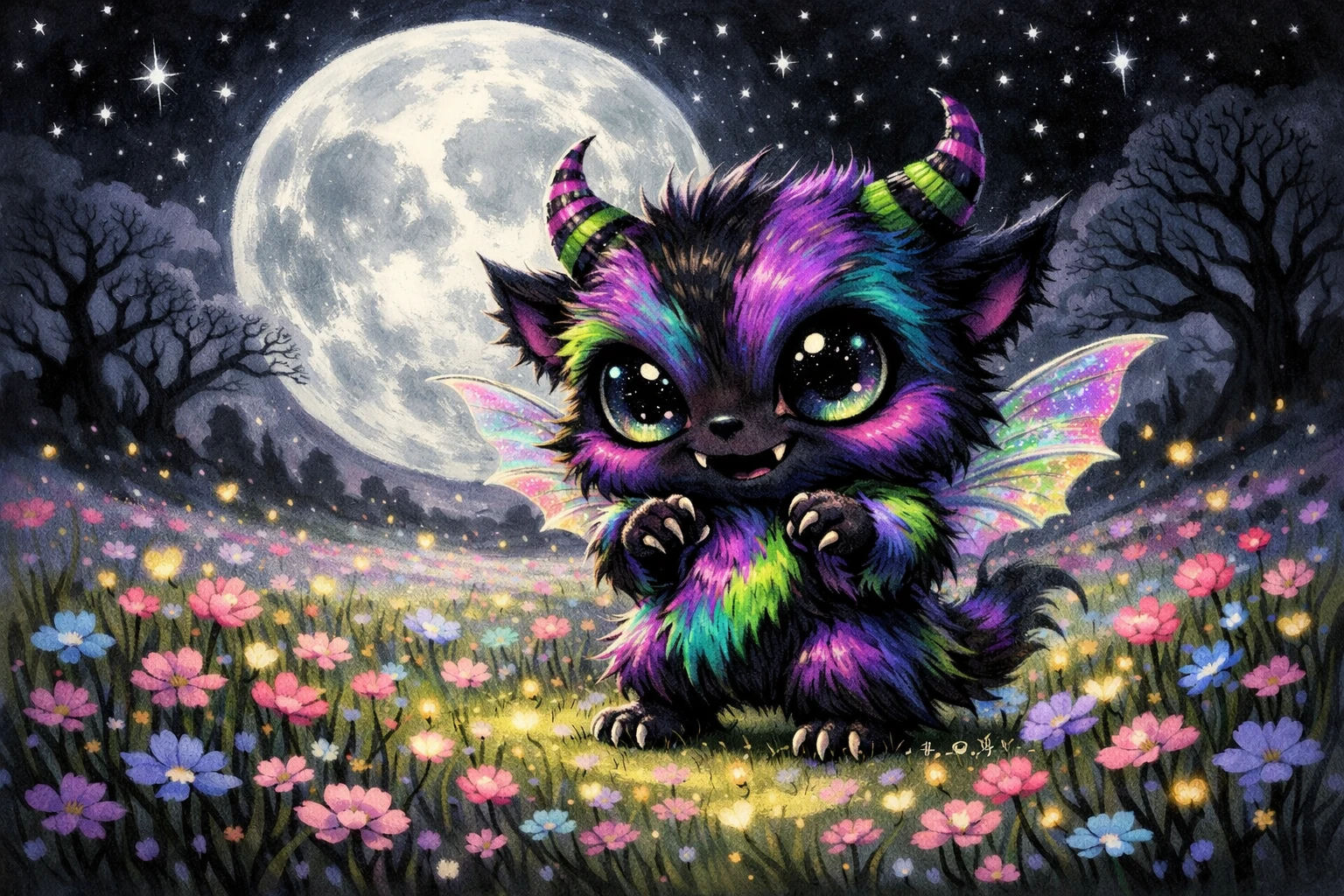Verspieltes Chibi-Monster in einer mondbeschienenen pastellfarbenen Fantasiewiese