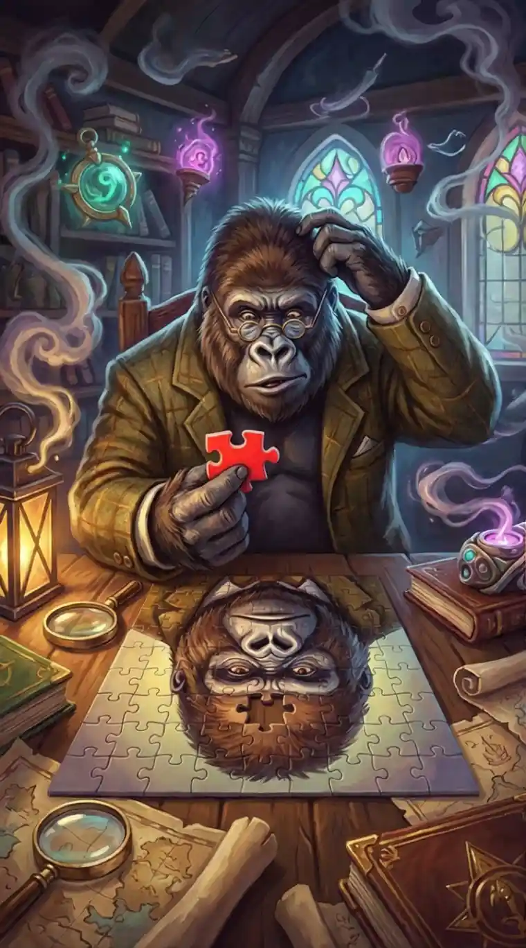 Gorilla hält ein leuchtend rotes Puzzleteil aus Kunststoff