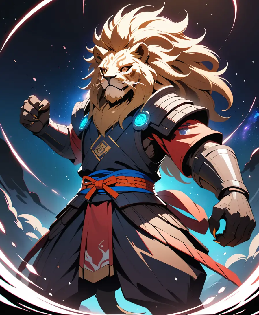 深宇宙に浮かぶサムライ獅子の戦士