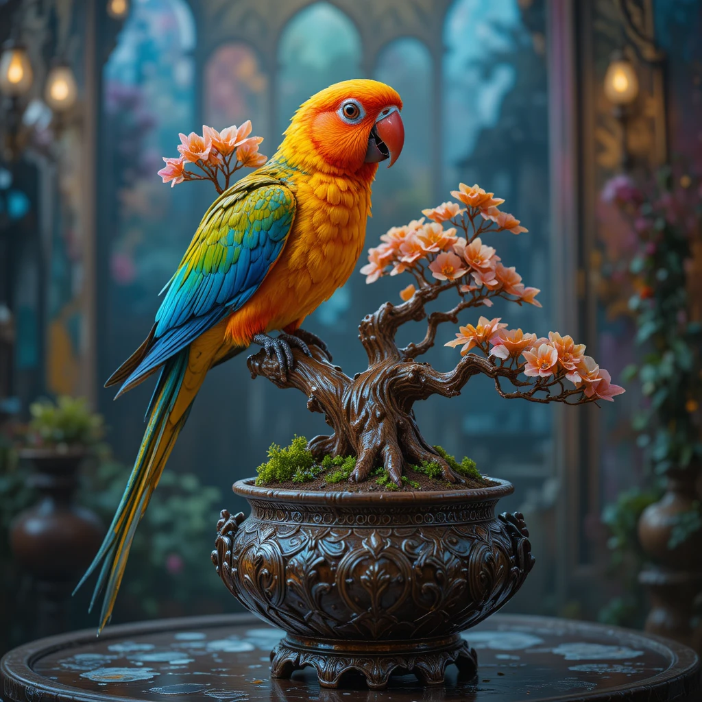 Canário colorido ao lado de um bonsai em vaso ornamentado