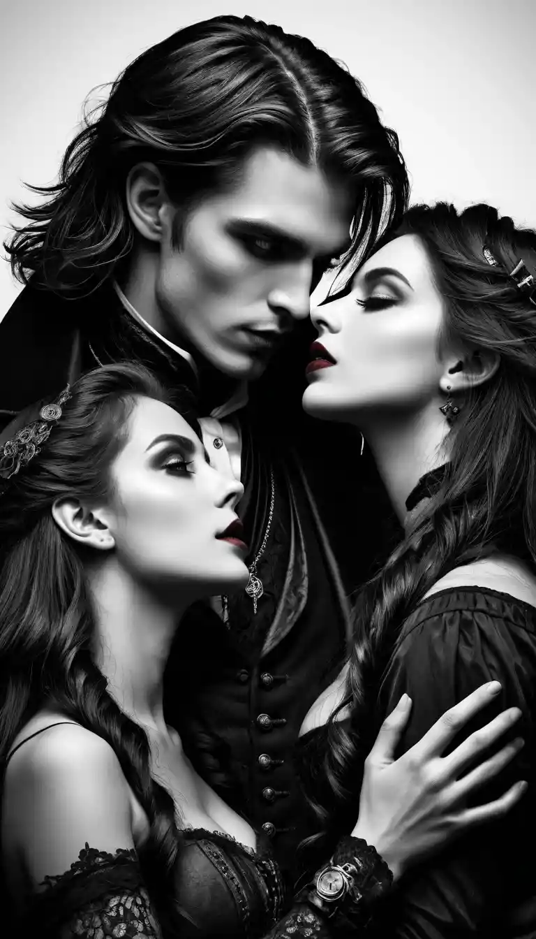 Steampunk vampire lovers in a dark cinematic close up