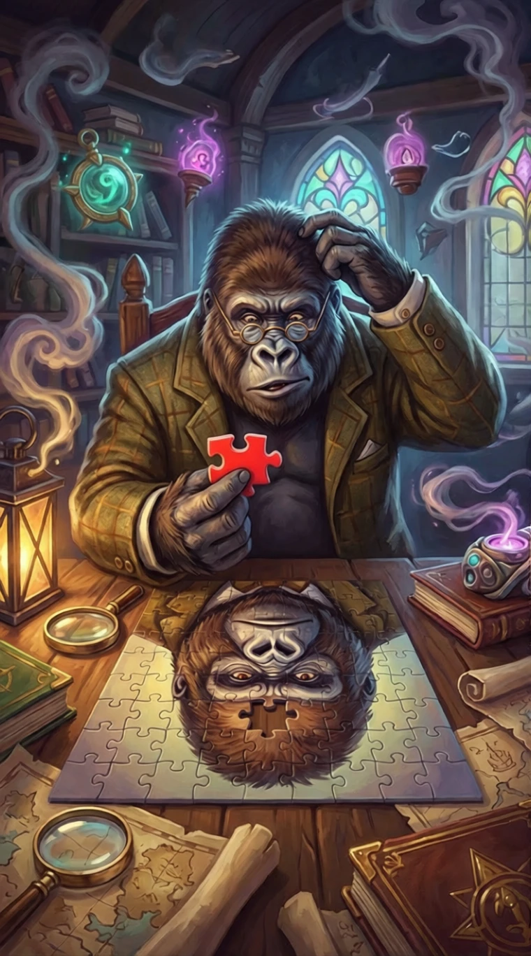 Gorilla hält ein leuchtend rotes Puzzleteil aus Kunststoff