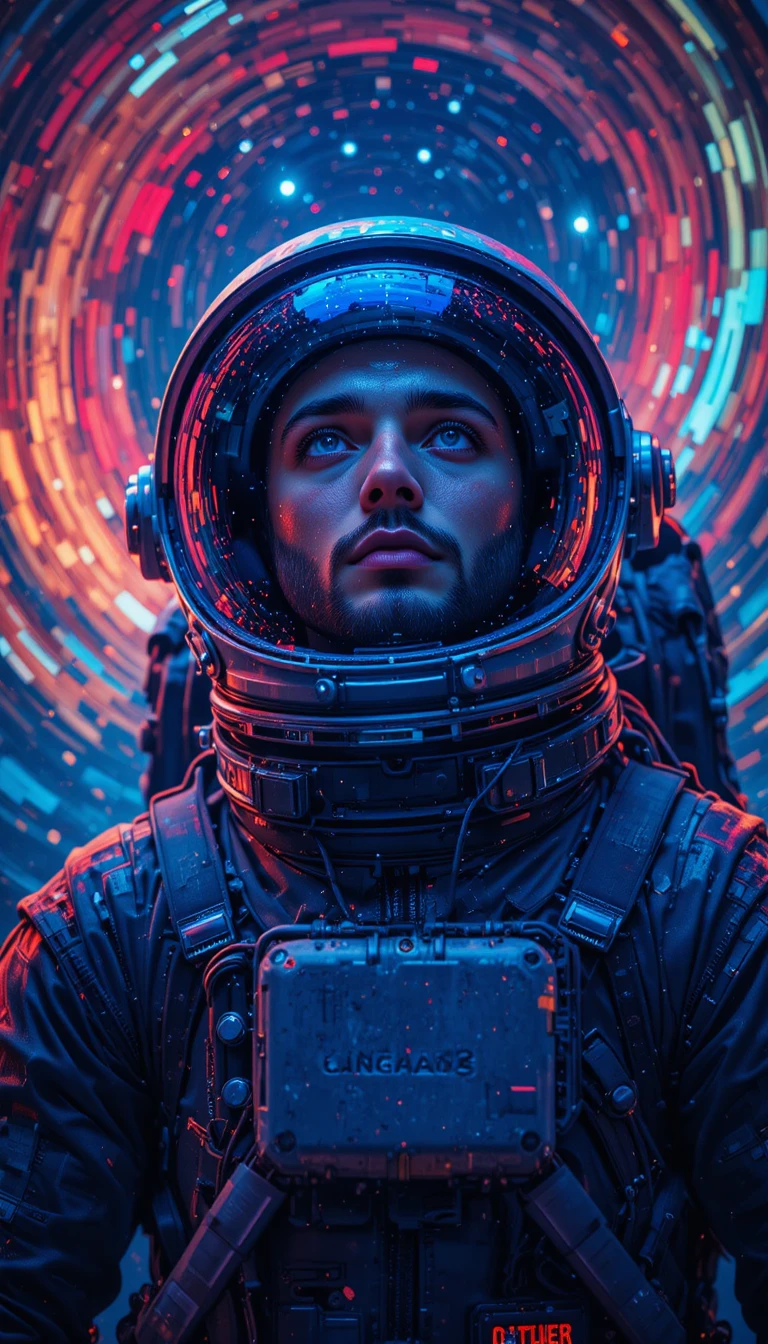 Nahaufnahme eines Astronauten vor einem wirbelnden, bunten Kosmos