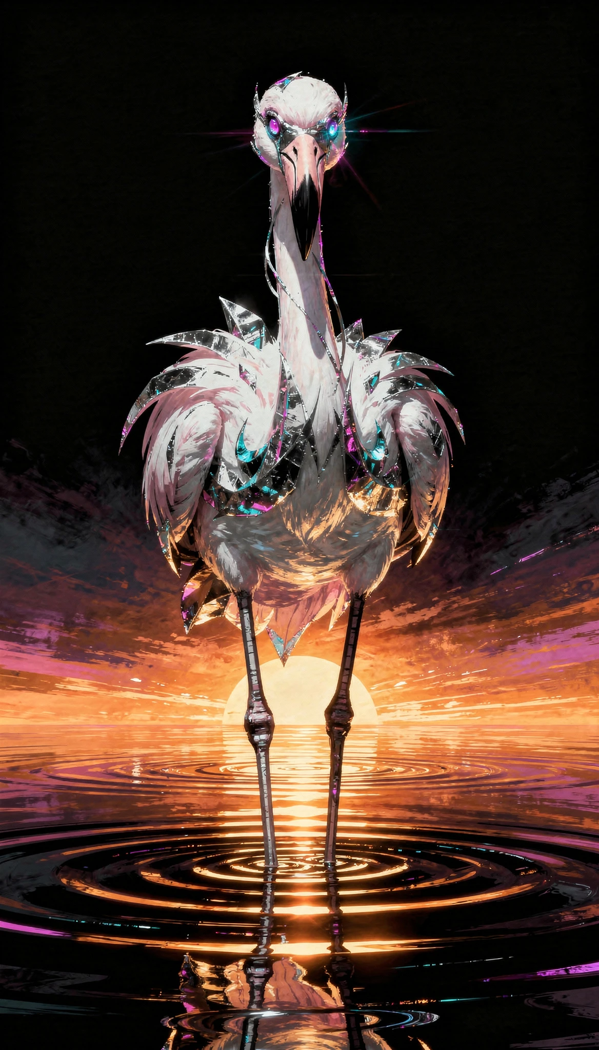Flamingo abstrato com olhos prismáticos sobre água espelhada ao pôr do sol