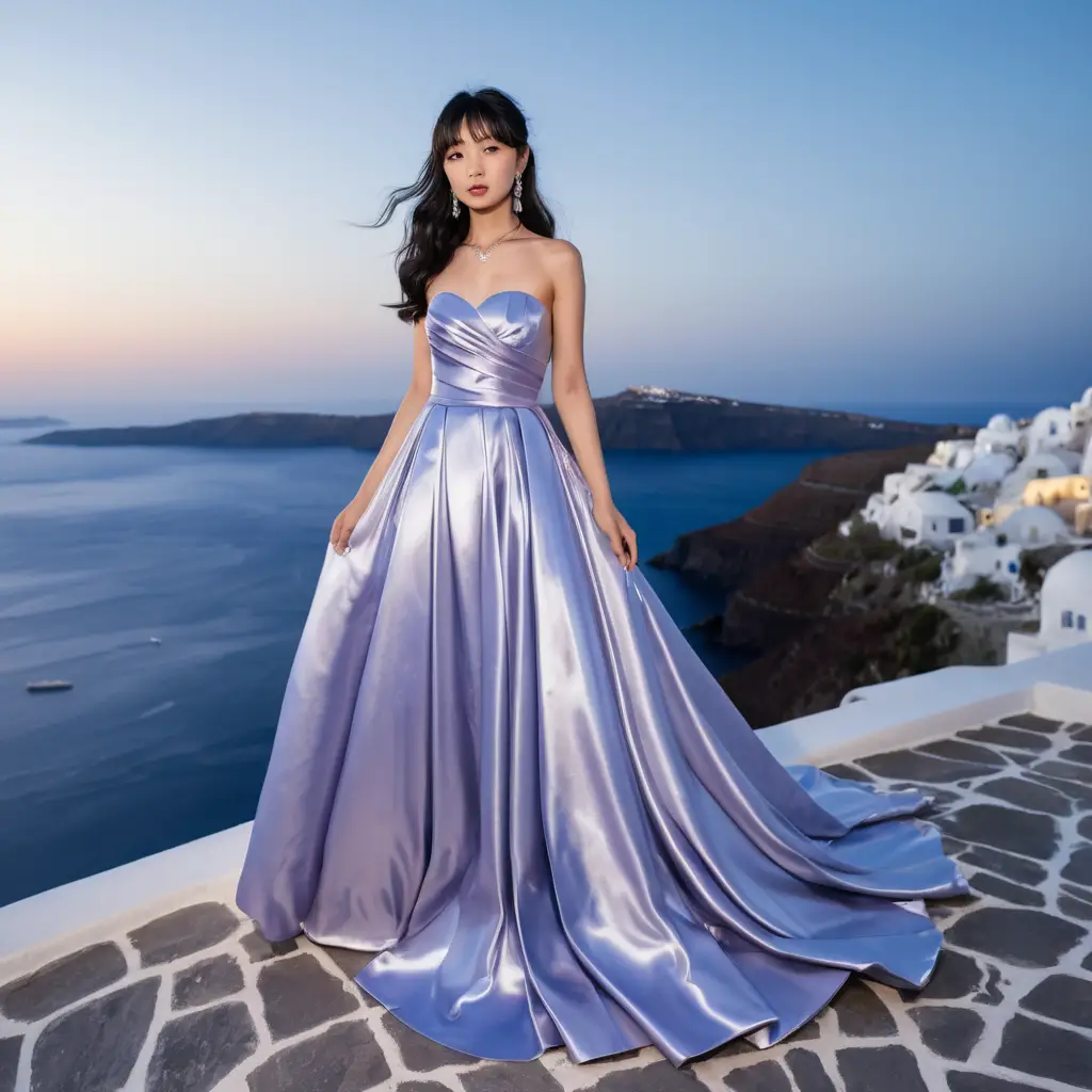 Garota elegante com vestido de cetim lavanda à noite em Santorini