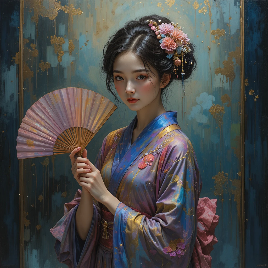 Donna in kimono ornato con ventaglio in arte fantasy