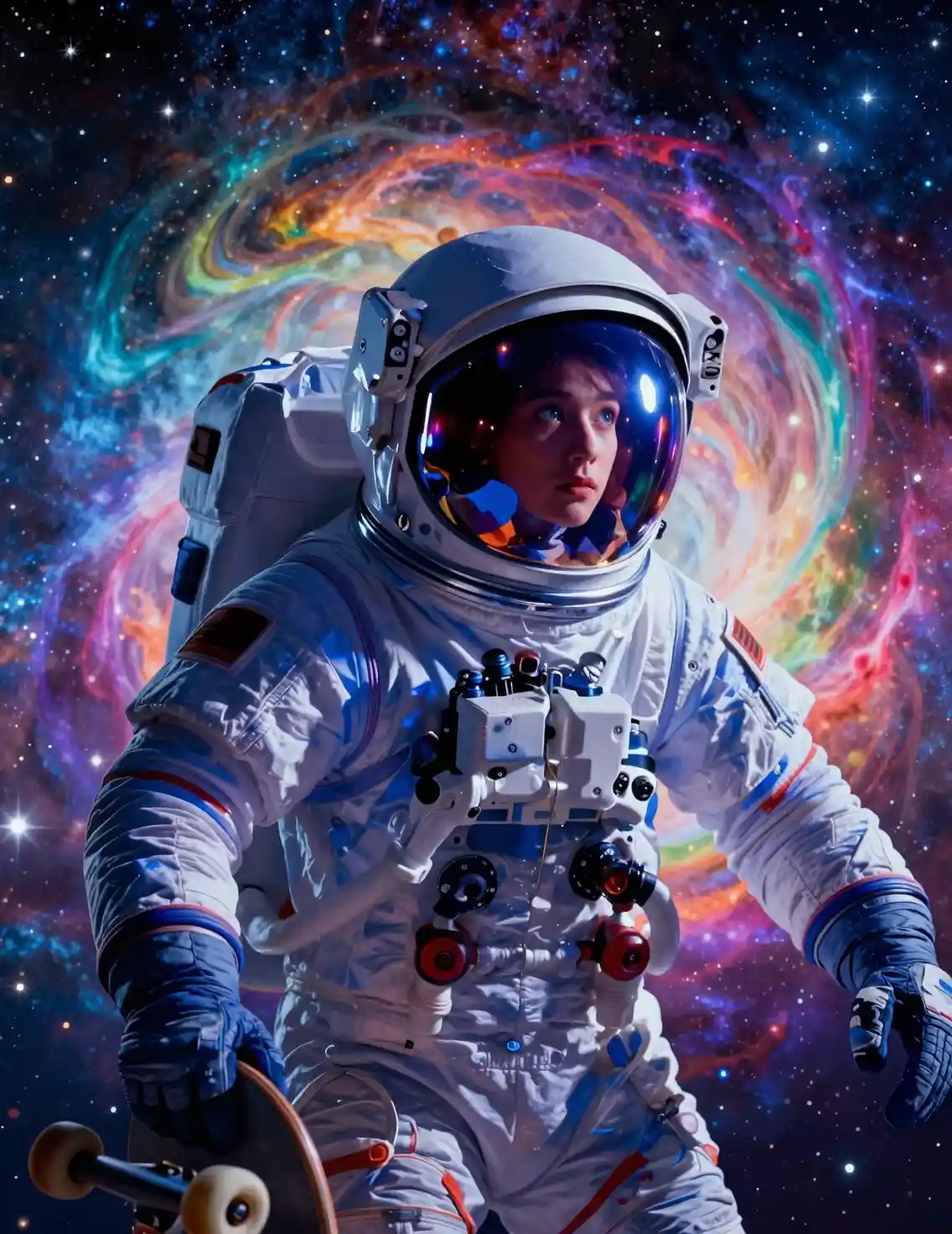 Indigofarbener Astronaut mit Skateboard im farbenfrohen kosmischen Wirbel