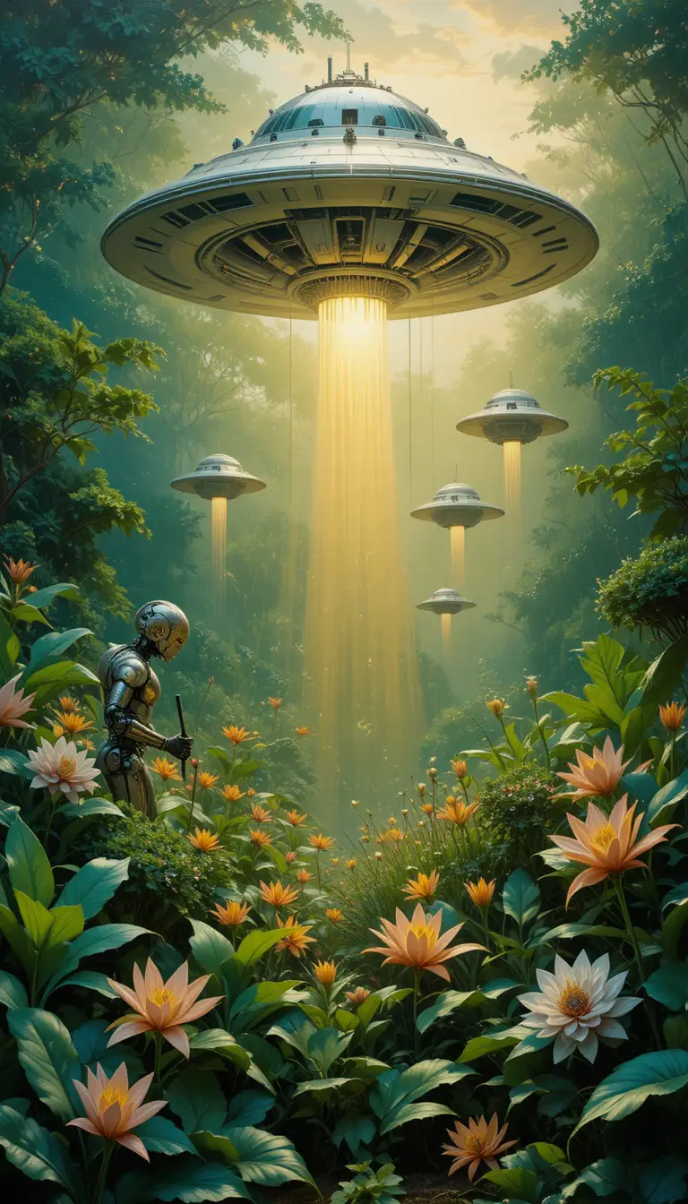 Robôs futuristas cuidando de um jardim mecânico exuberante