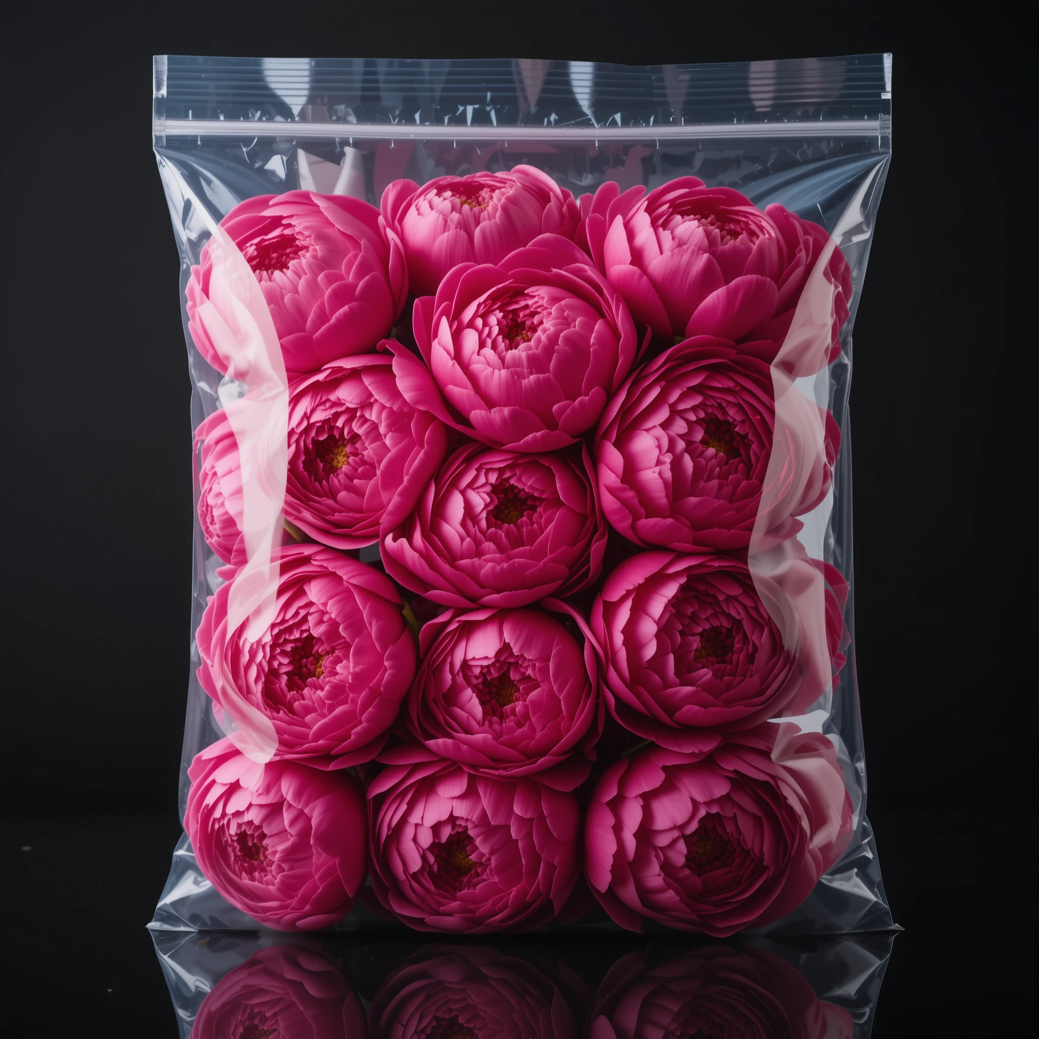 Pink peonies vacuum sealed in a clear square plastic bag